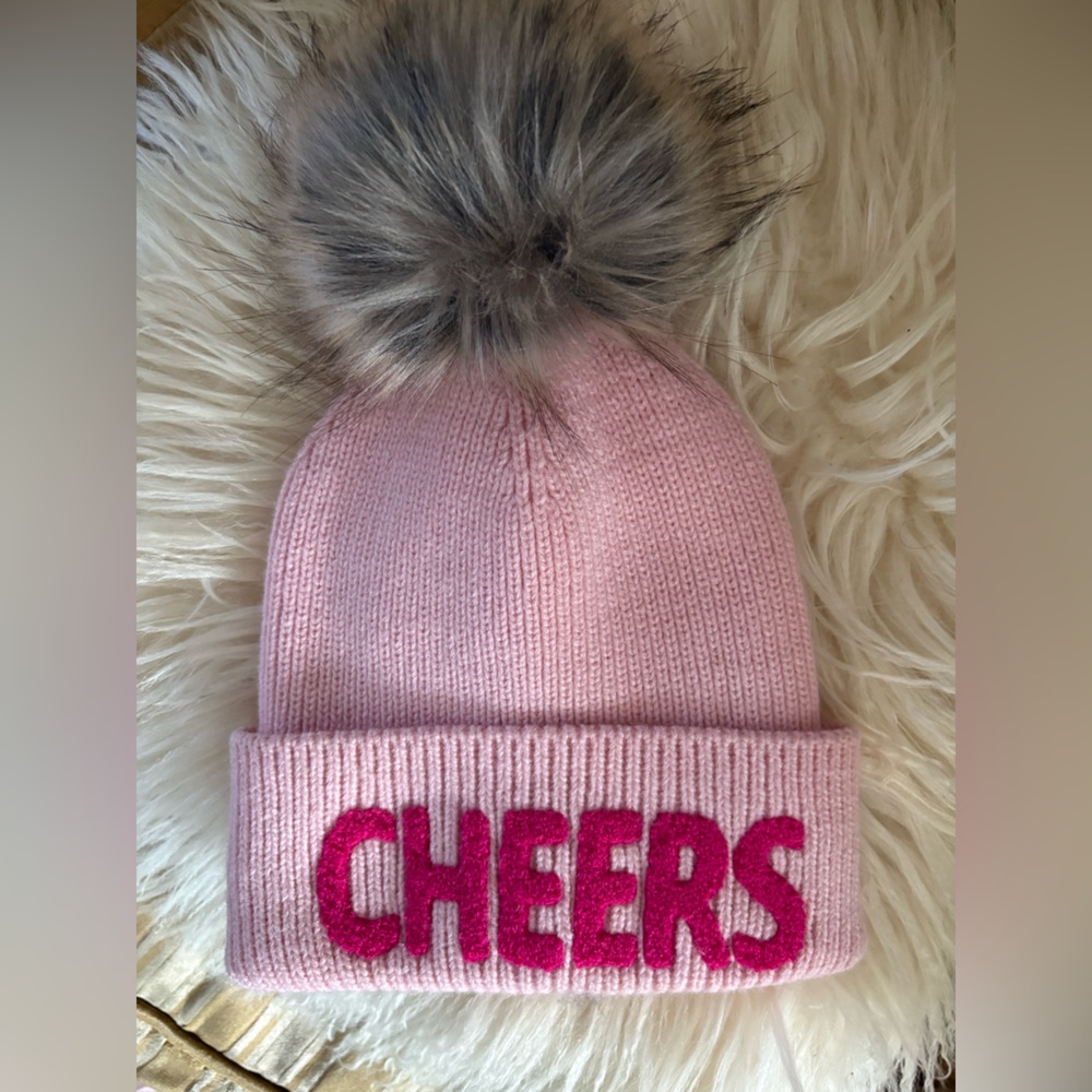 Panache Pink Knit Beanie with Gray Pom Pom